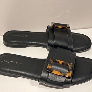 Lane Bryant Black Slide Sandals with Tortoiseshell Buckles